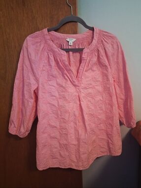croft & barrow Pink Embroidered Split Neck Peasant Blouse Women's Size M